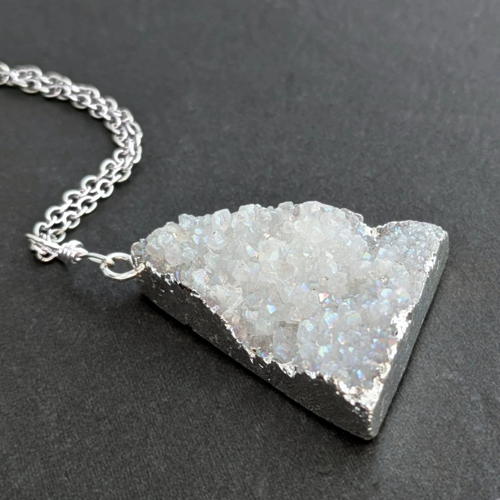 White Druzy Quartz Necklace, Electroplated in Silver, Sparkling